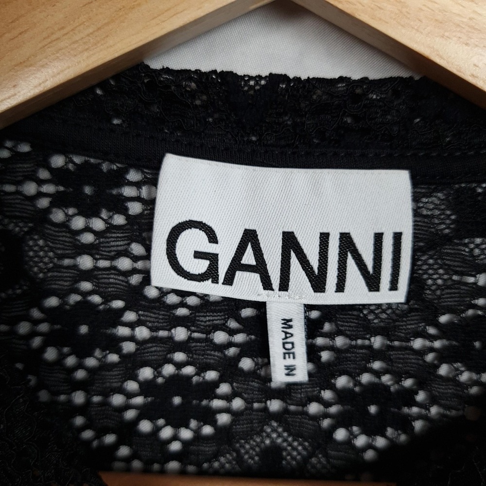 Ganni Lace Top Womens Medium Black Floral Sheer Long Sleeve Ruched - Picture 16 of 16